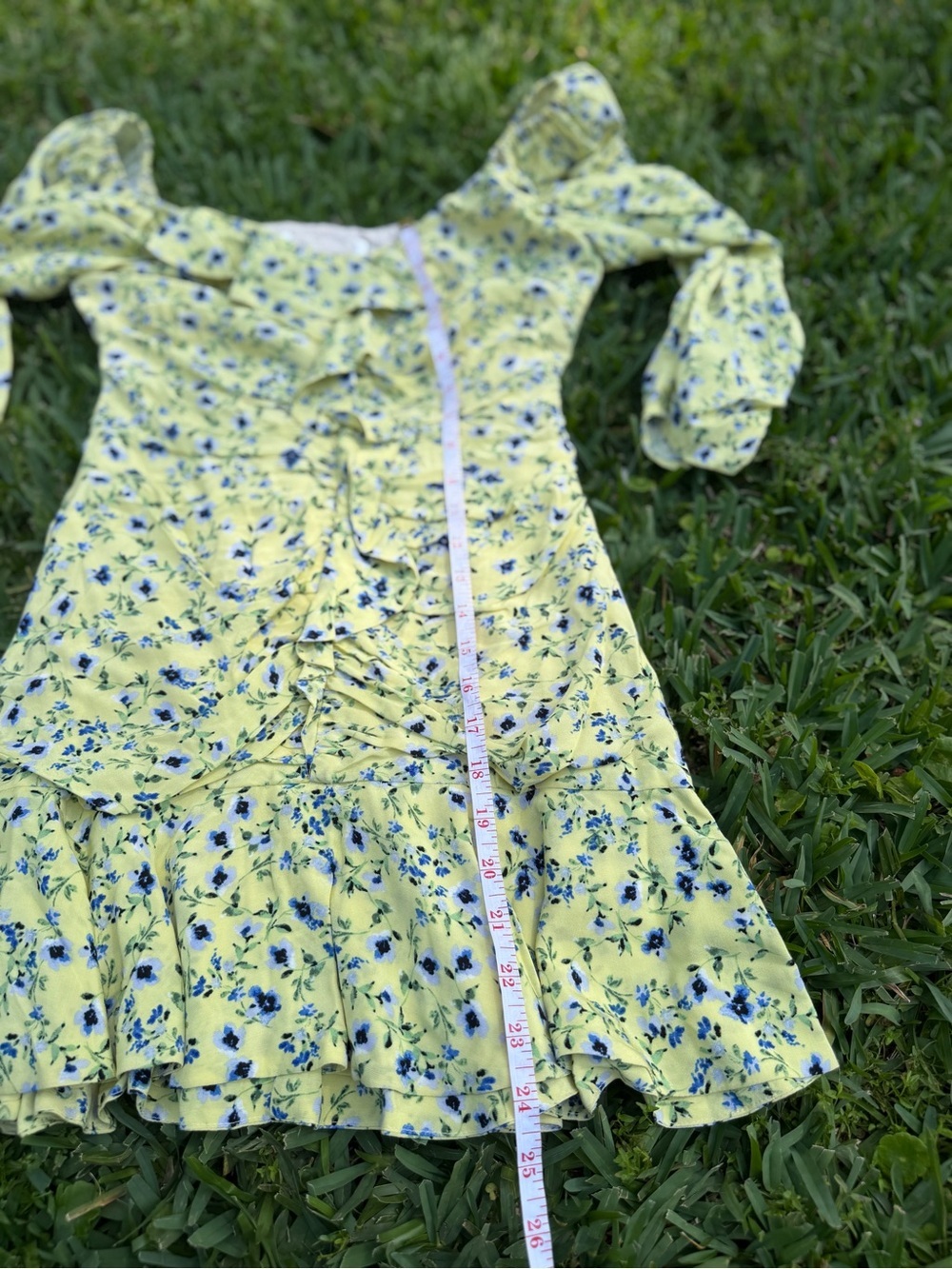 Yellow Floral Ruched Mini Dress Puff Sleeve Cottagecore Size S - Picture 4 of 7